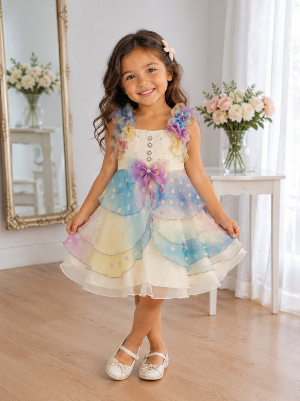 Girls Yellow Blue Ruffle Dress 3 / 4 Princess Party Flower Girl Dress